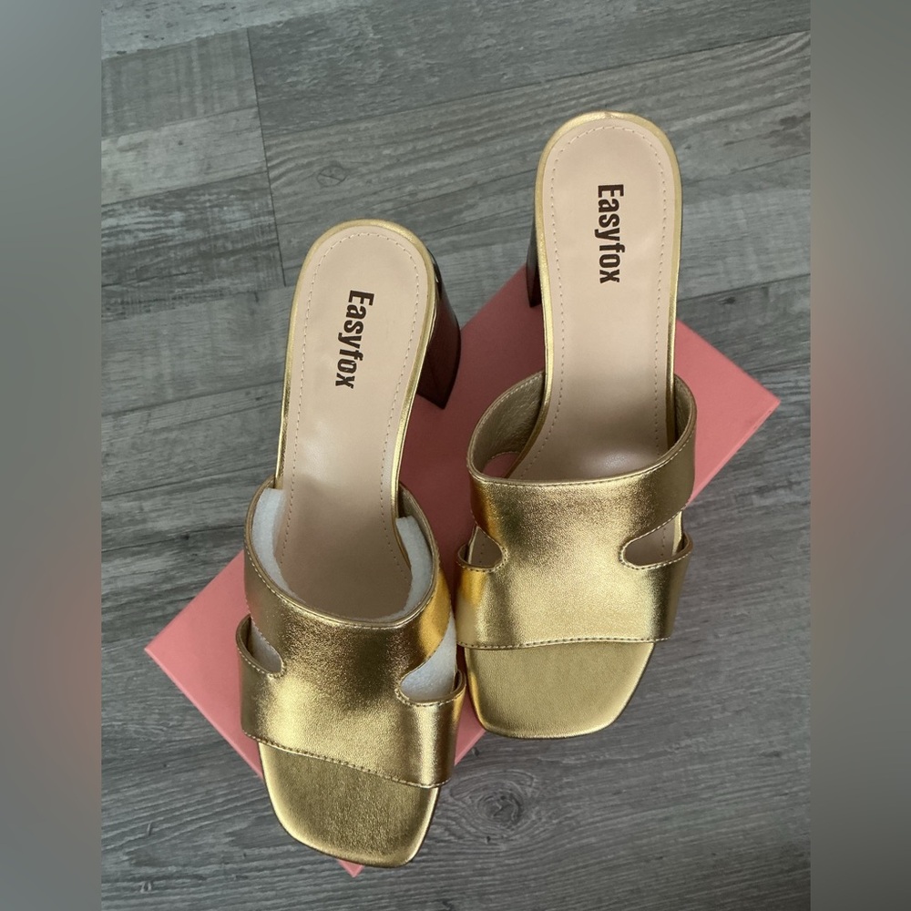 Gold Open Toe Chunky Heeled Mules